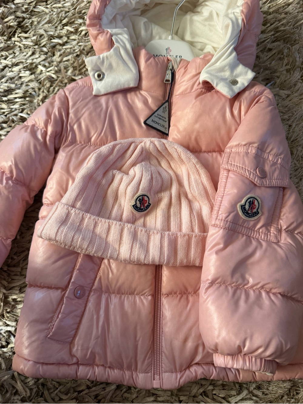 Moncler Kids Pink Quilted Puffer Jacket with Matching Beanie